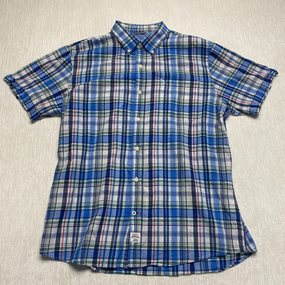 Izod Saltwater Dockside Chambray Shirt Mens Large Blue Plaid Relaxed Fit Classic